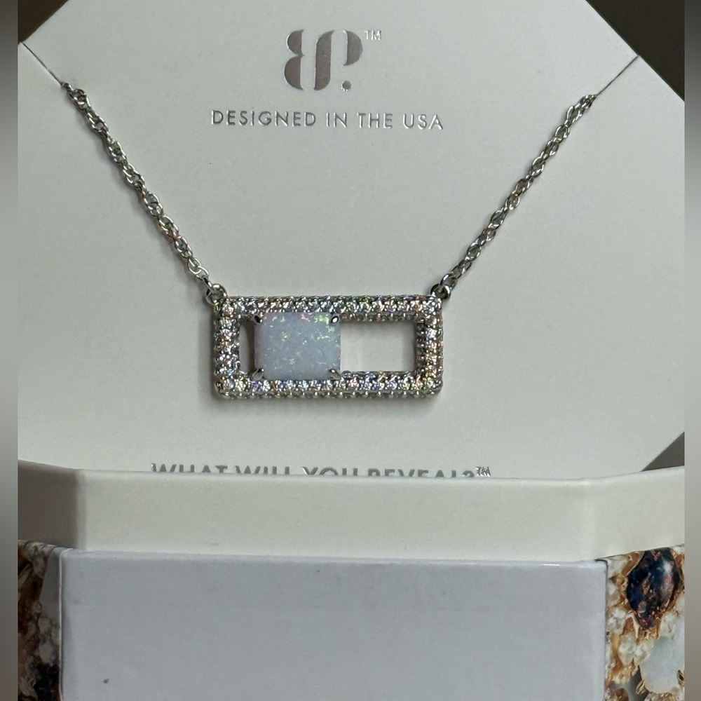 bp Silver Rectangle Opal Pendant Necklace